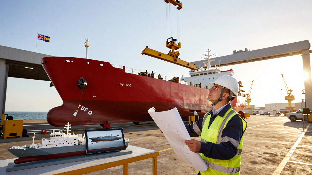 Engenheiro naval com capacete e colete verifica planta no porto, com navio vermelho ao fundo e maquete na mesa.