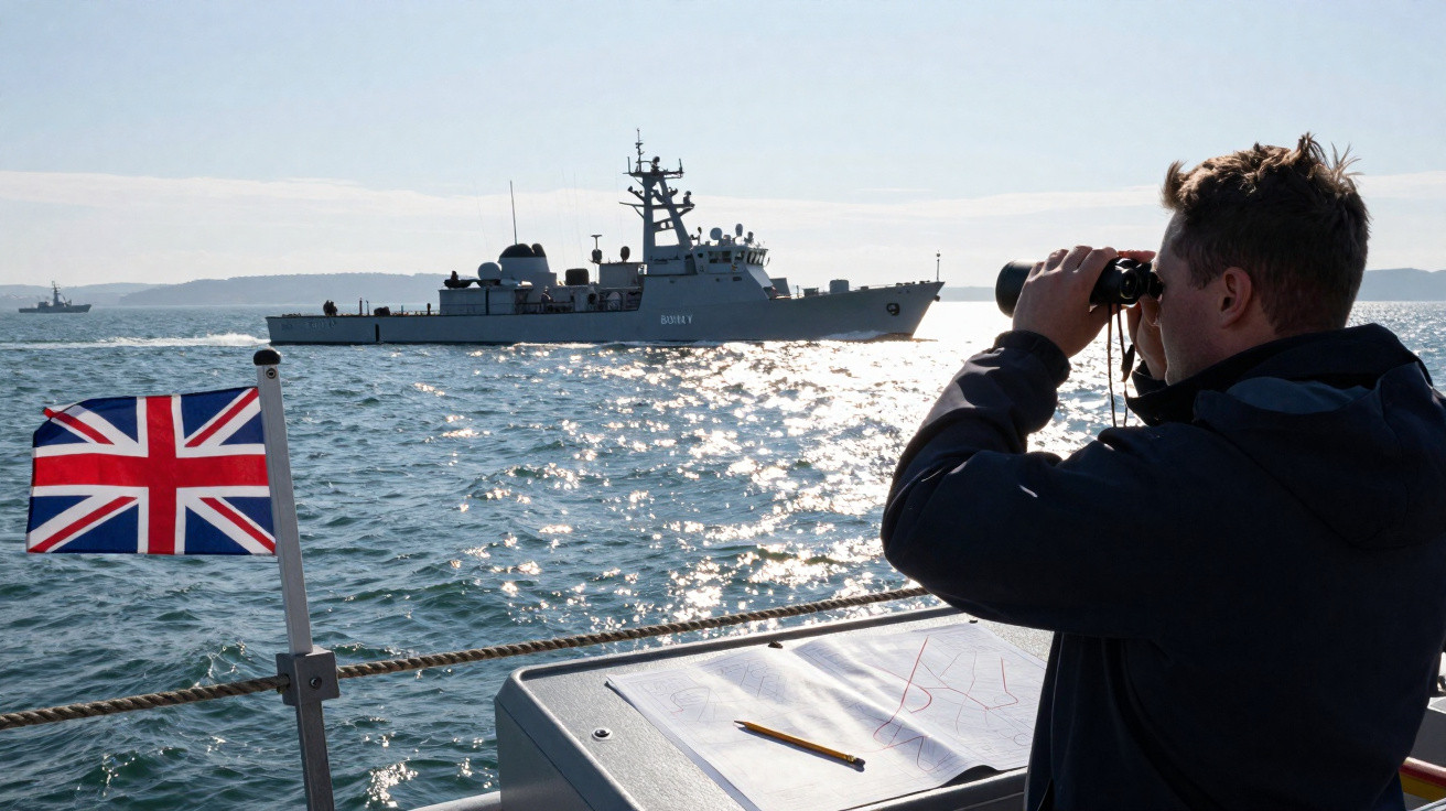 Homem a bordo observa navio militar no mar usando binóculo, com bandeira do Reino Unido à esquerda.