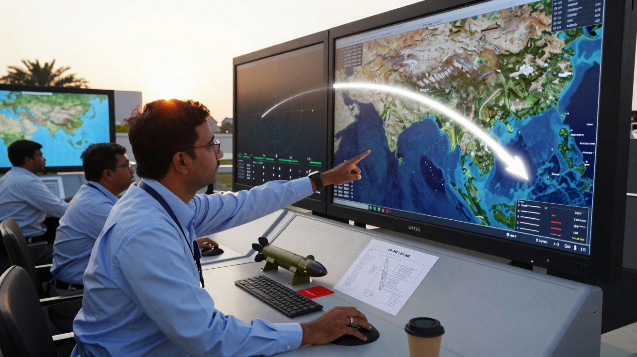 Homem analisa mapas digitais e dados geográficos em monitores grandes em ambiente de trabalho tecnológico.