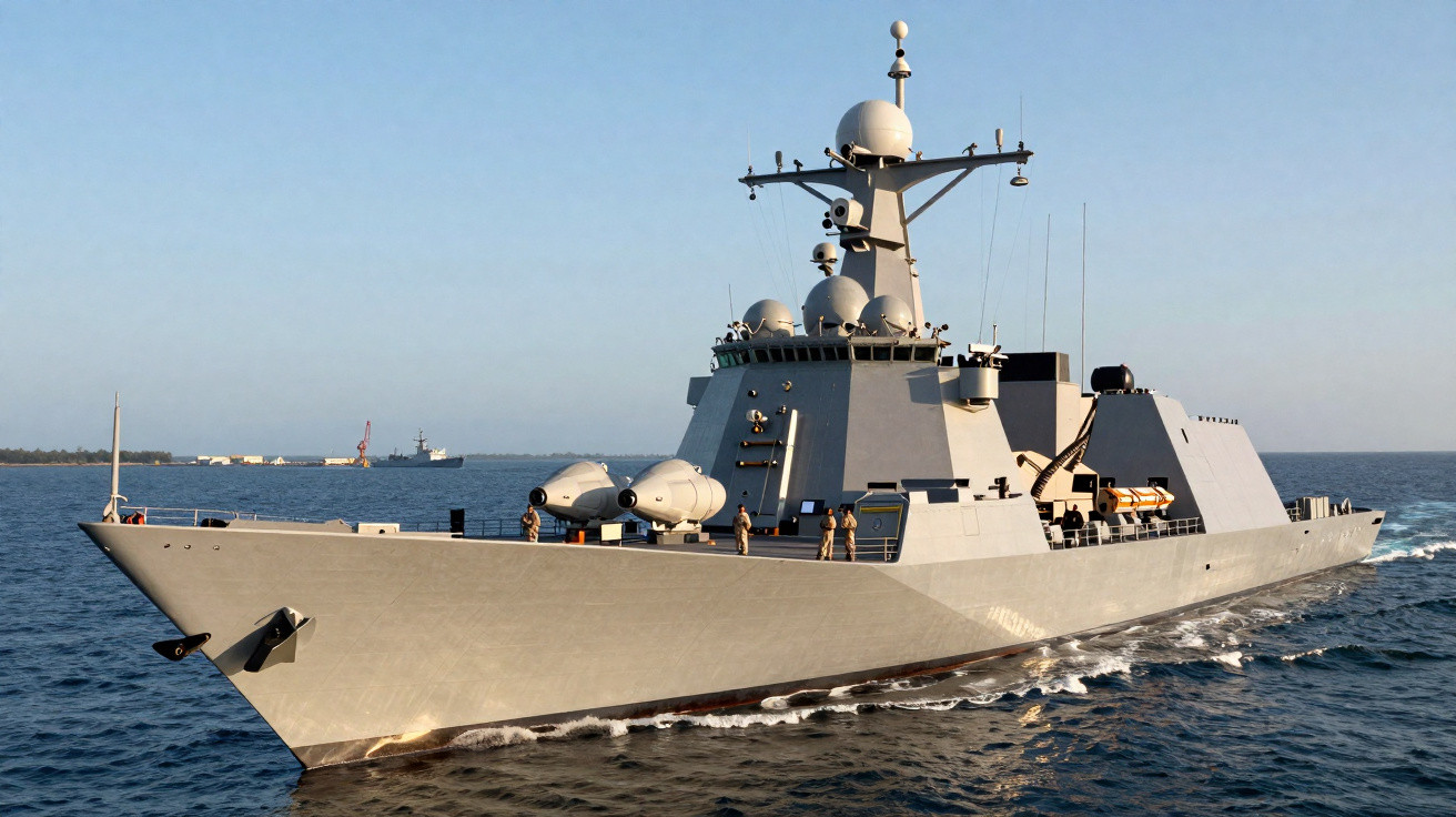Navio de guerra militar cinza navegando no mar com radar e torres de comunicação visíveis.