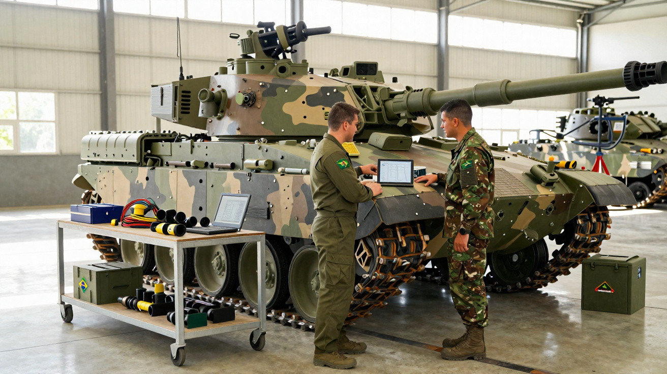 Dois soldados brasileiros analisam dados em laptops junto a um tanque de guerra camuflado em um galpão.