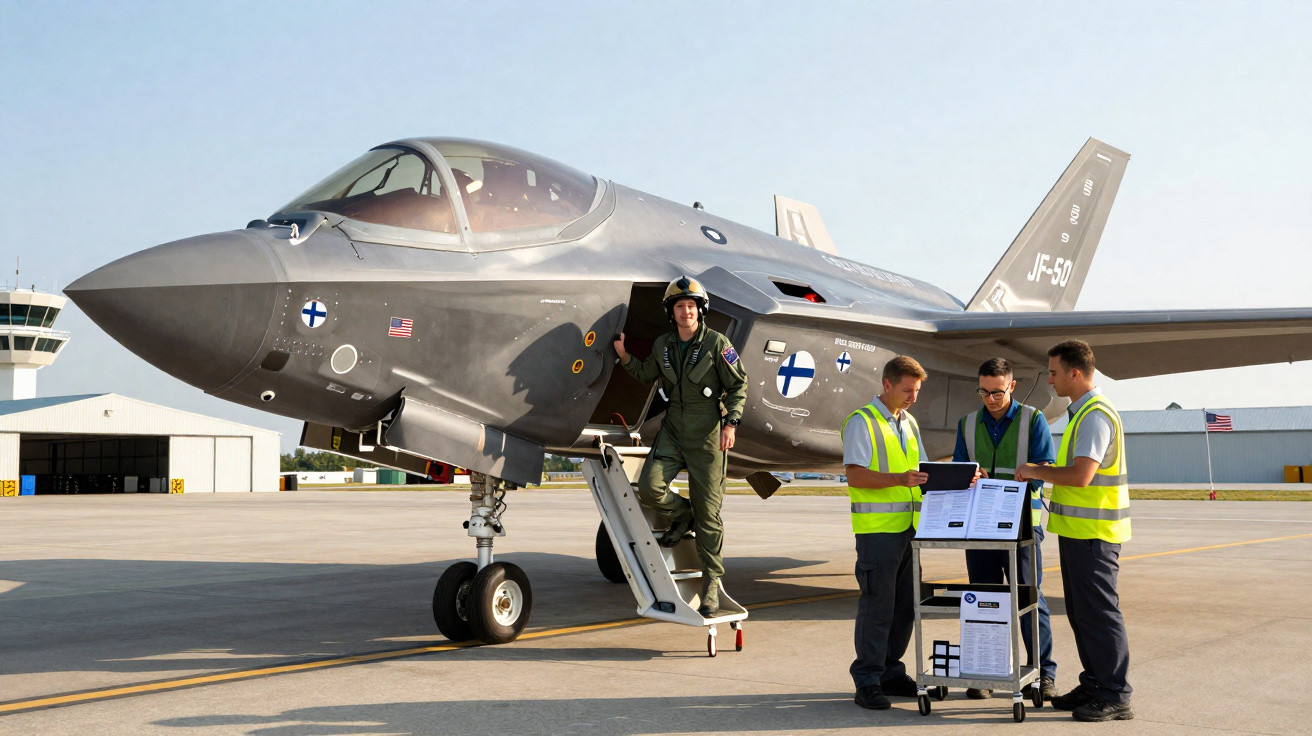Caça F-35 com piloto na escada e três técnicos conversando ao lado, em aeroporto durante dia ensolarado.