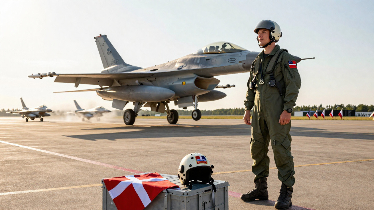Piloto militar em pé com capacete ao lado de caça F-16 na pista de decolagem ao entardecer.
