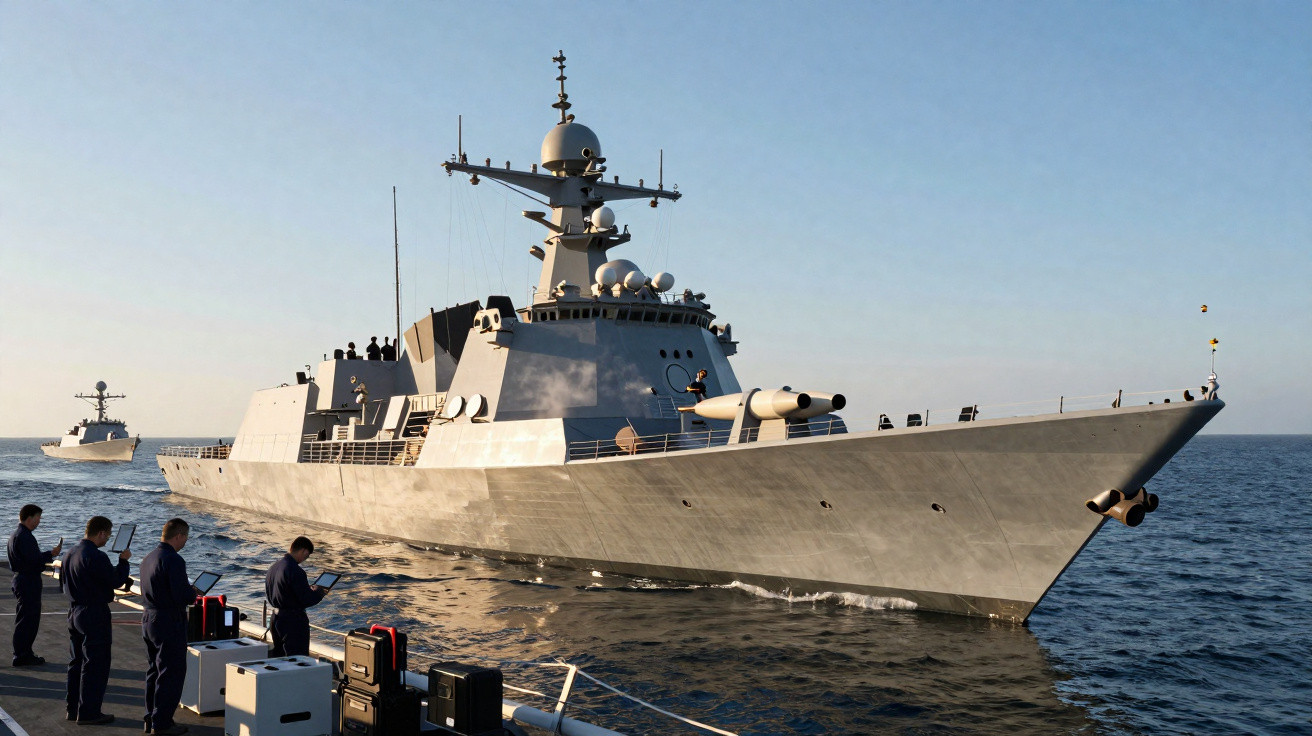 Navio de guerra cinza navegando com tripulação fazendo anotações no convés de outra embarcação próxima.
