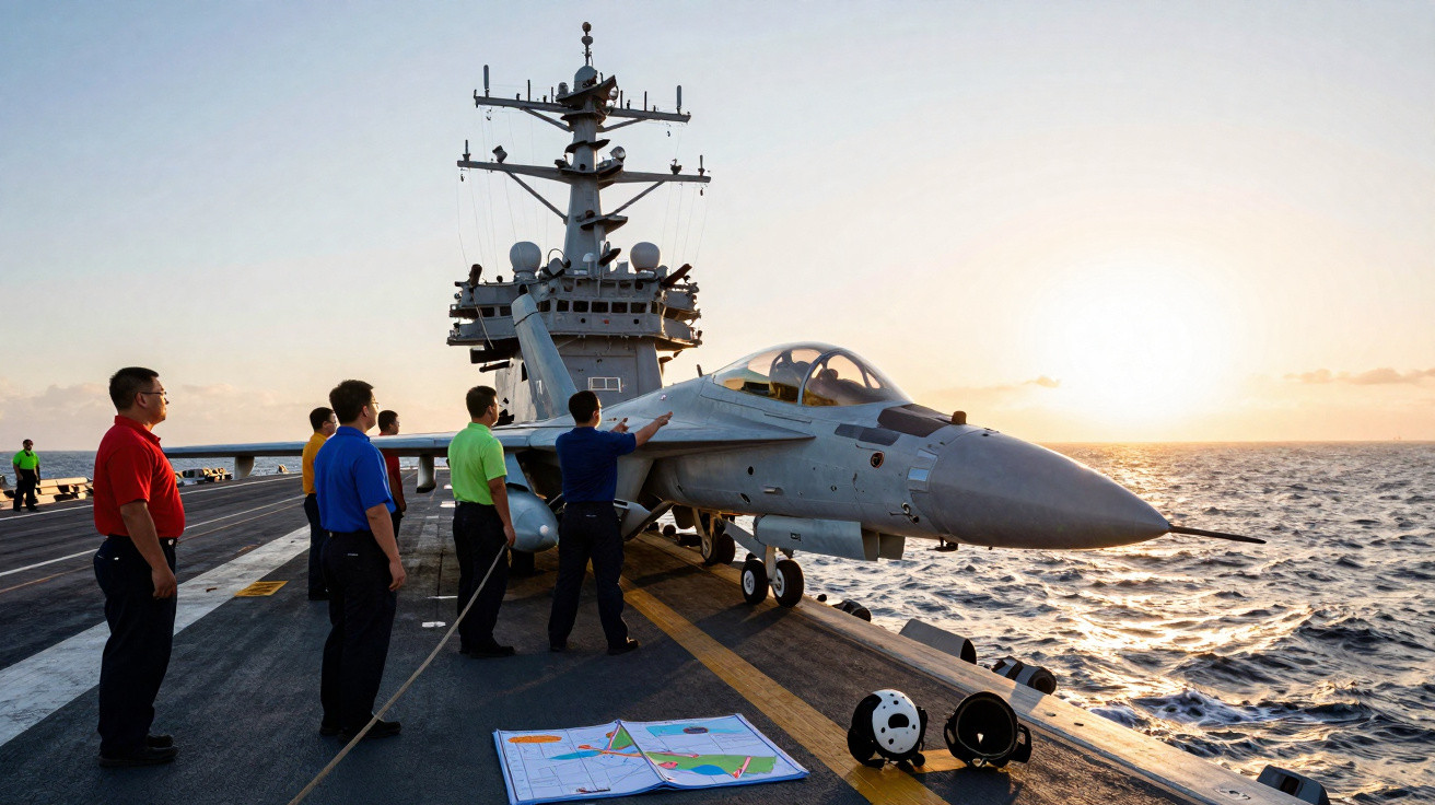 Tripulação militar trabalhando em jato de guerra no convés de porta-aviões ao pôr do sol no mar.