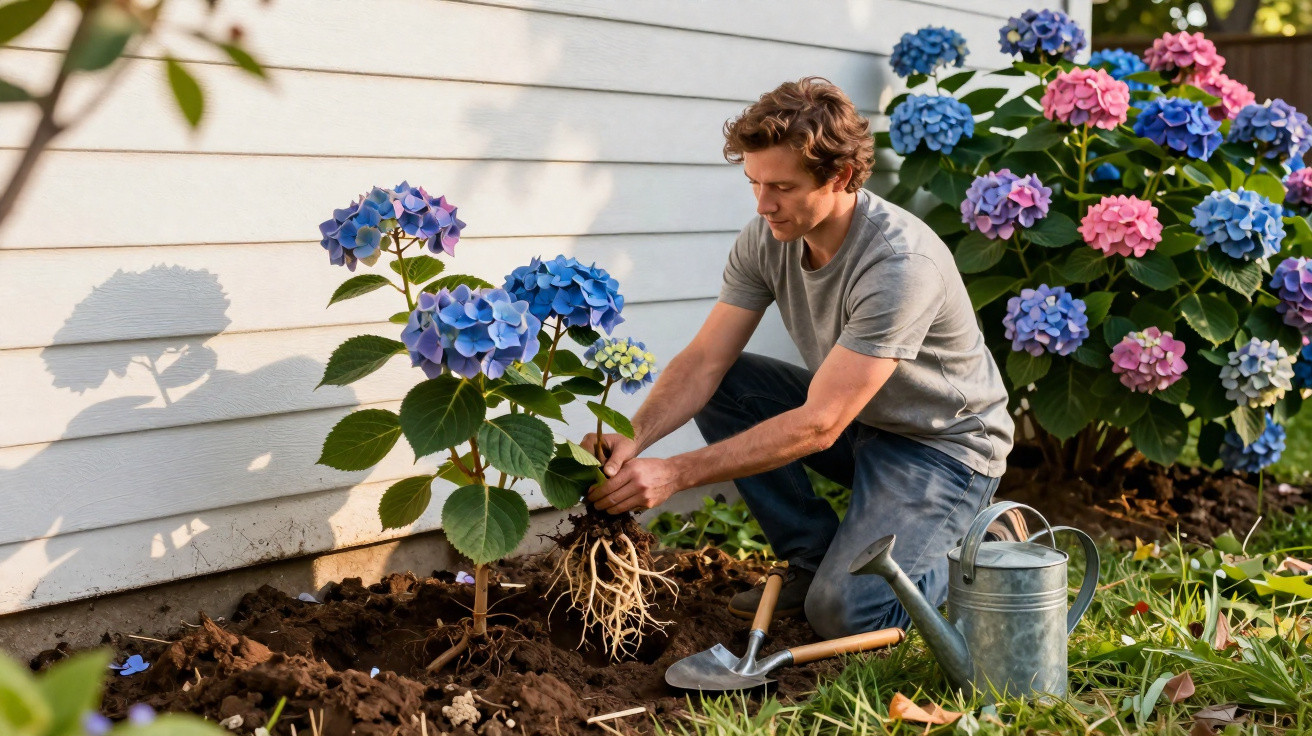 Homem plantando flores de hortênsia azul em jardim ao lado de casa com ferramentas e regador.