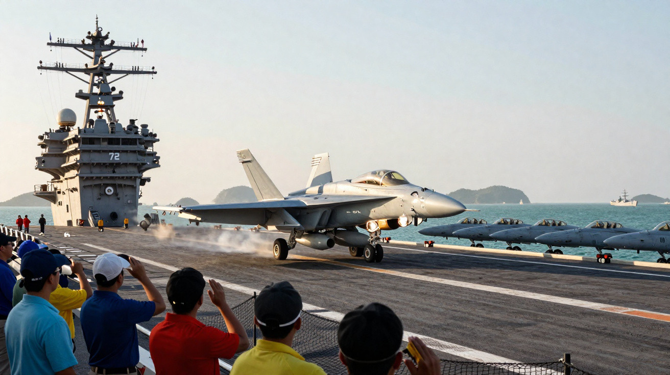 Homens observam avião de caça F/A-18 decolando de porta-aviões no mar ao entardecer.