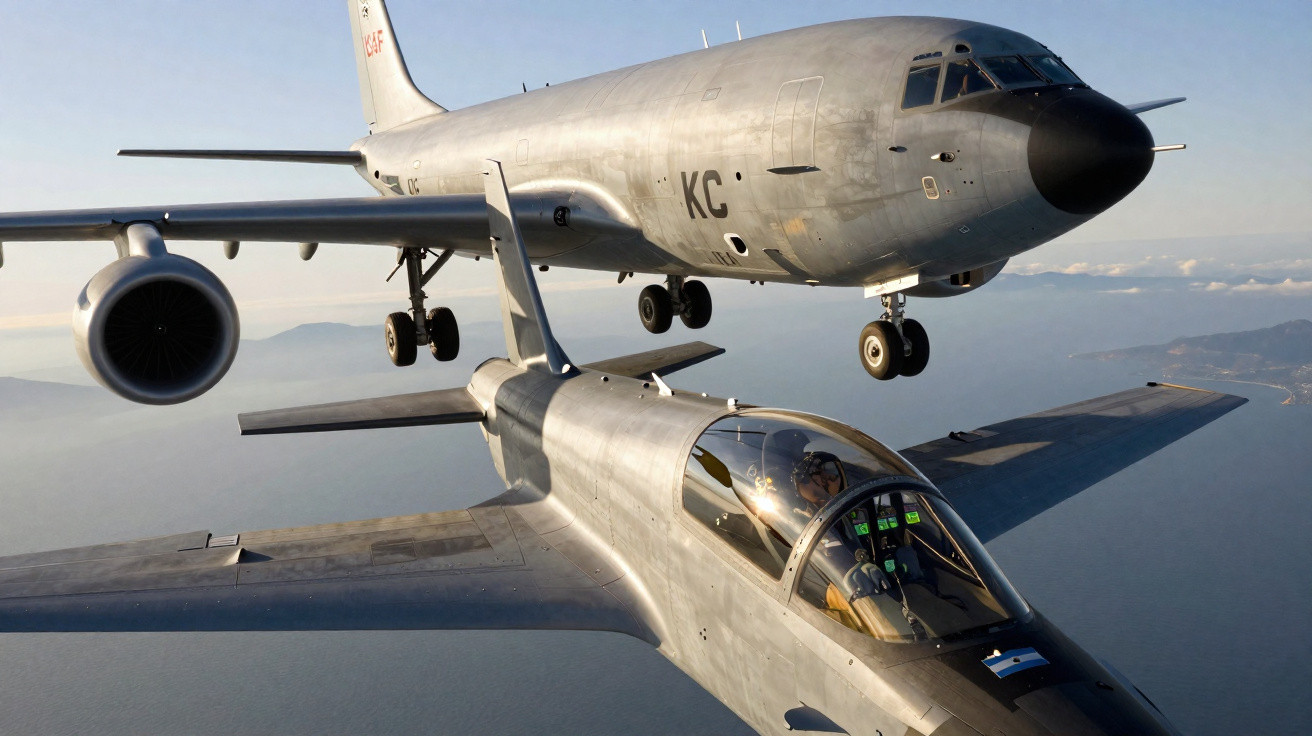 Aviões militares em voo próximos sobre o mar com pilotos visíveis nas cabines.