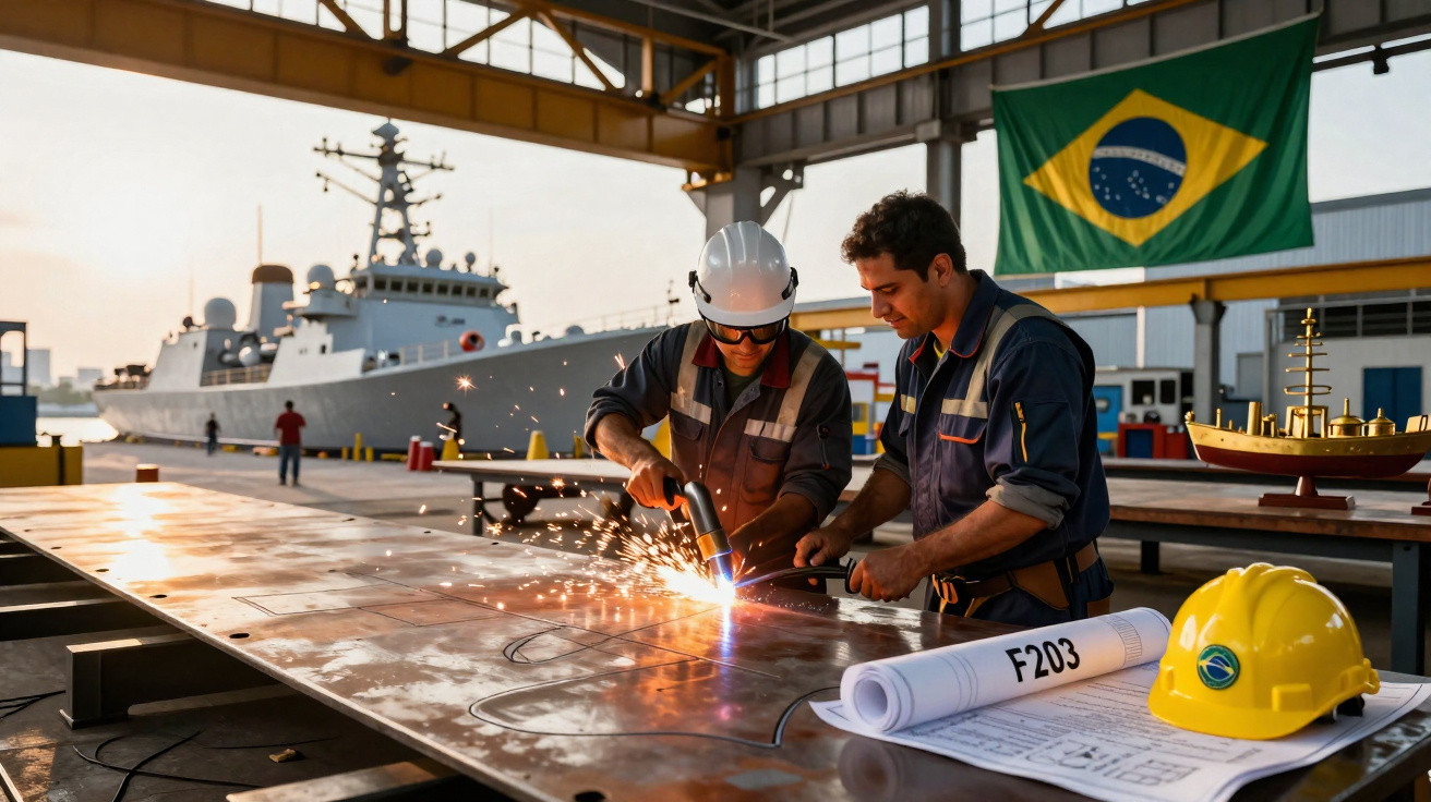 Dois trabalhadores em indústria naval cortam metal enquanto ao fundo há um navio e uma bandeira do Brasil.