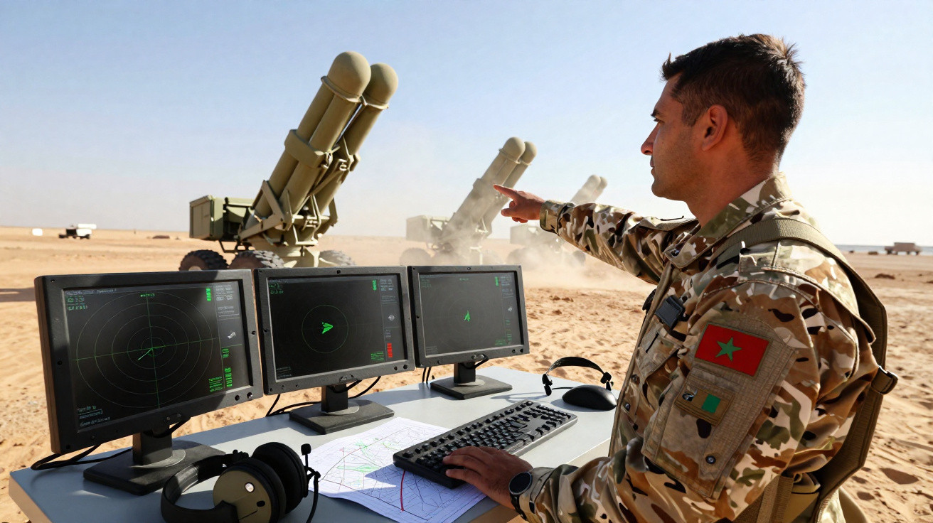 Militar marroquino operando equipamentos de radar em base desértica com mísseis lançadores ao fundo.