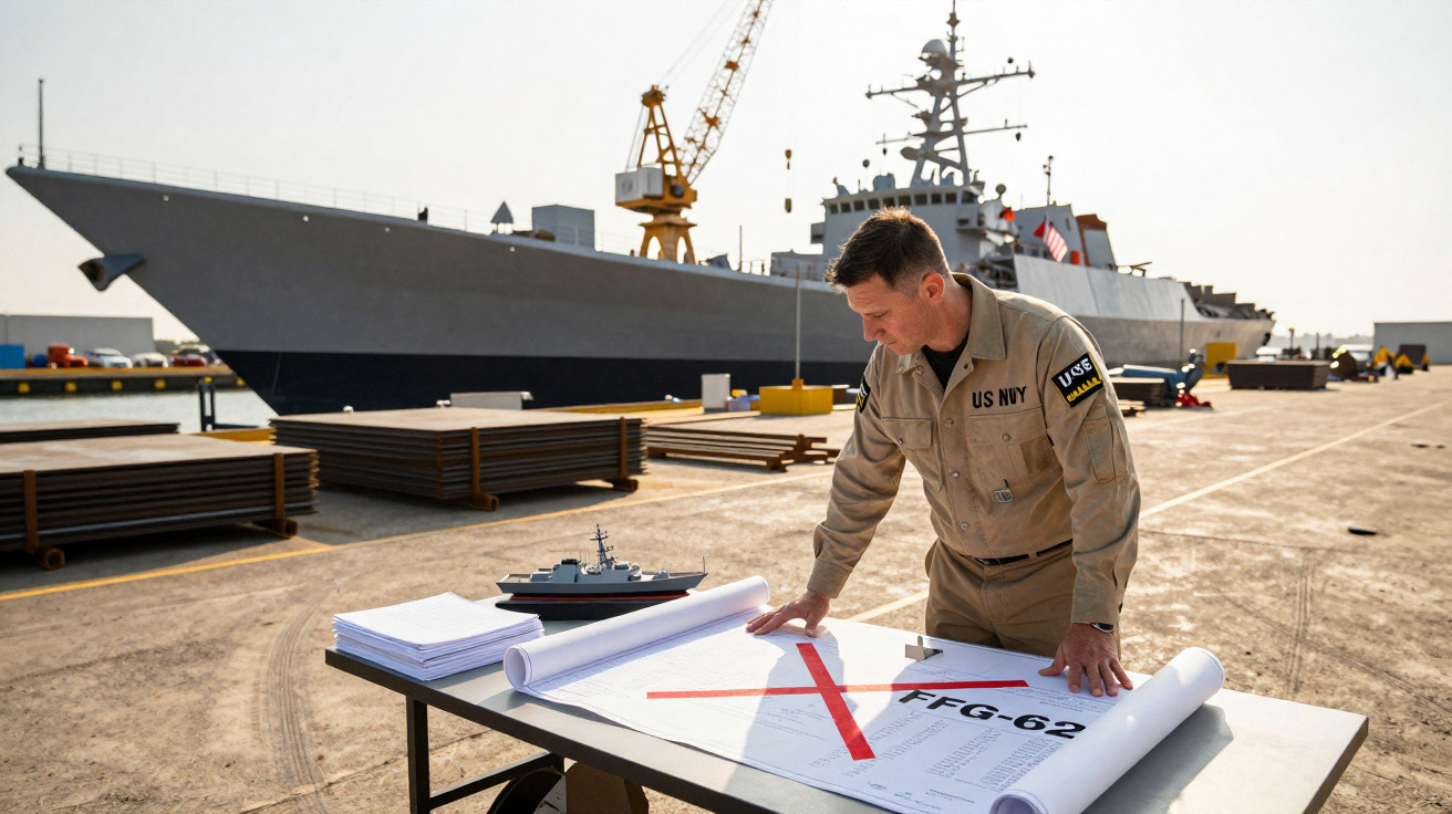 Homem em uniforme da Marinha dos EUA analisa plantas na mesa com navio militar no cais ao fundo.