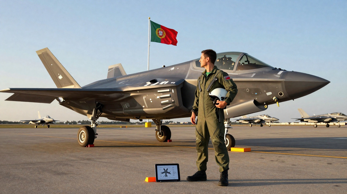 Piloto em roupa verde segurando capacete ao lado de caça F-35 com bandeira de Portugal ao fundo.