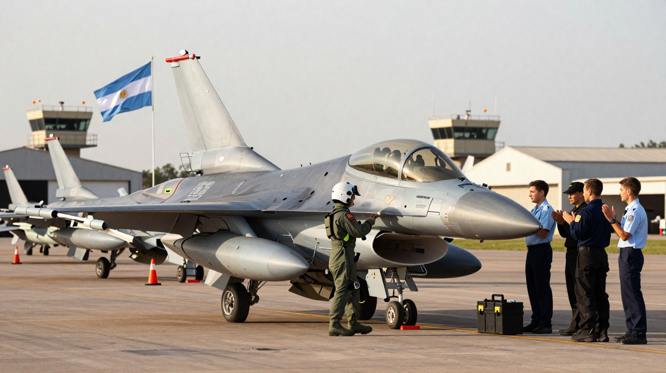 Caça F-16 na pista com piloto e equipe militar aplaudindo em base aérea com bandeira da Argentina.