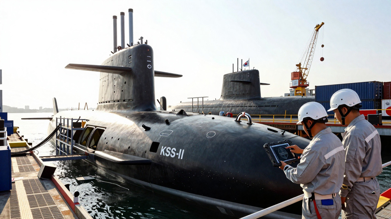 Dois homens com capacetes brancos inspecionam submarino KSS-II em doca com guindaste e containers ao fundo.