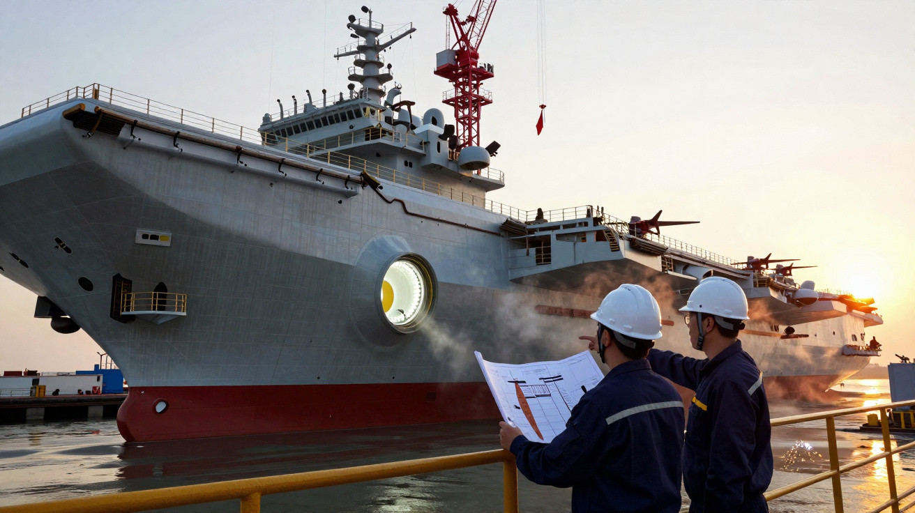 Dois trabalhadores de capacete observam projeto e navio cinza ancorado ao pôr do sol em um estaleiro.