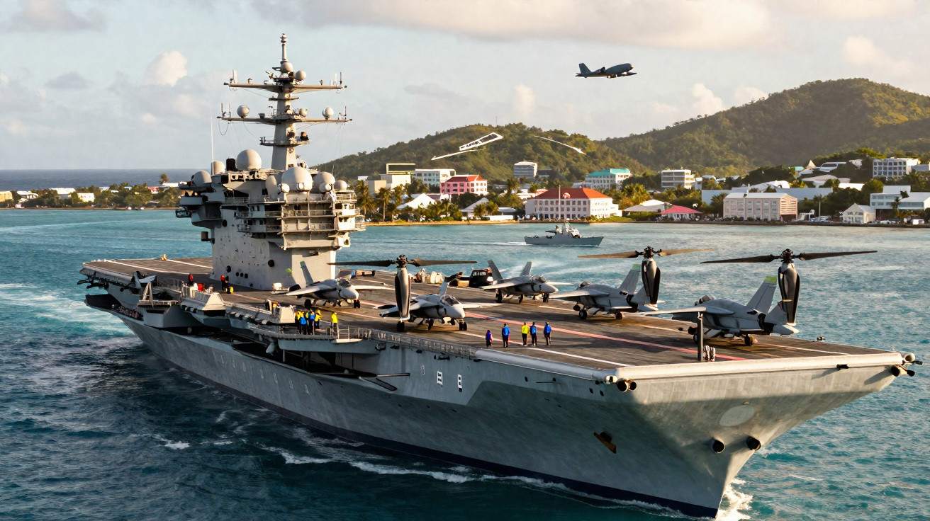 Porta-aviões militar com aeronaves e tripulação navegando próximo a uma ilha com colinas e edifícios.
