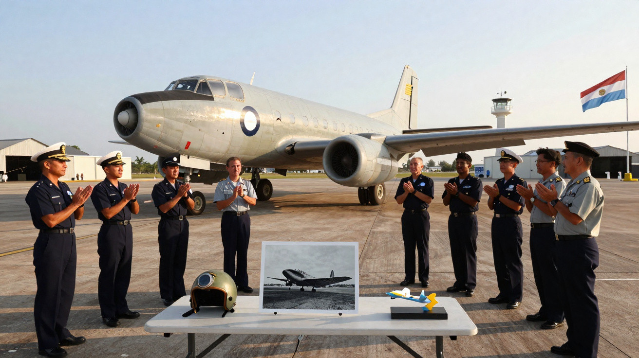 Militares da força aérea em homenagem a avião histórico estacionado em pista de aeroporto com mesa e capacete.