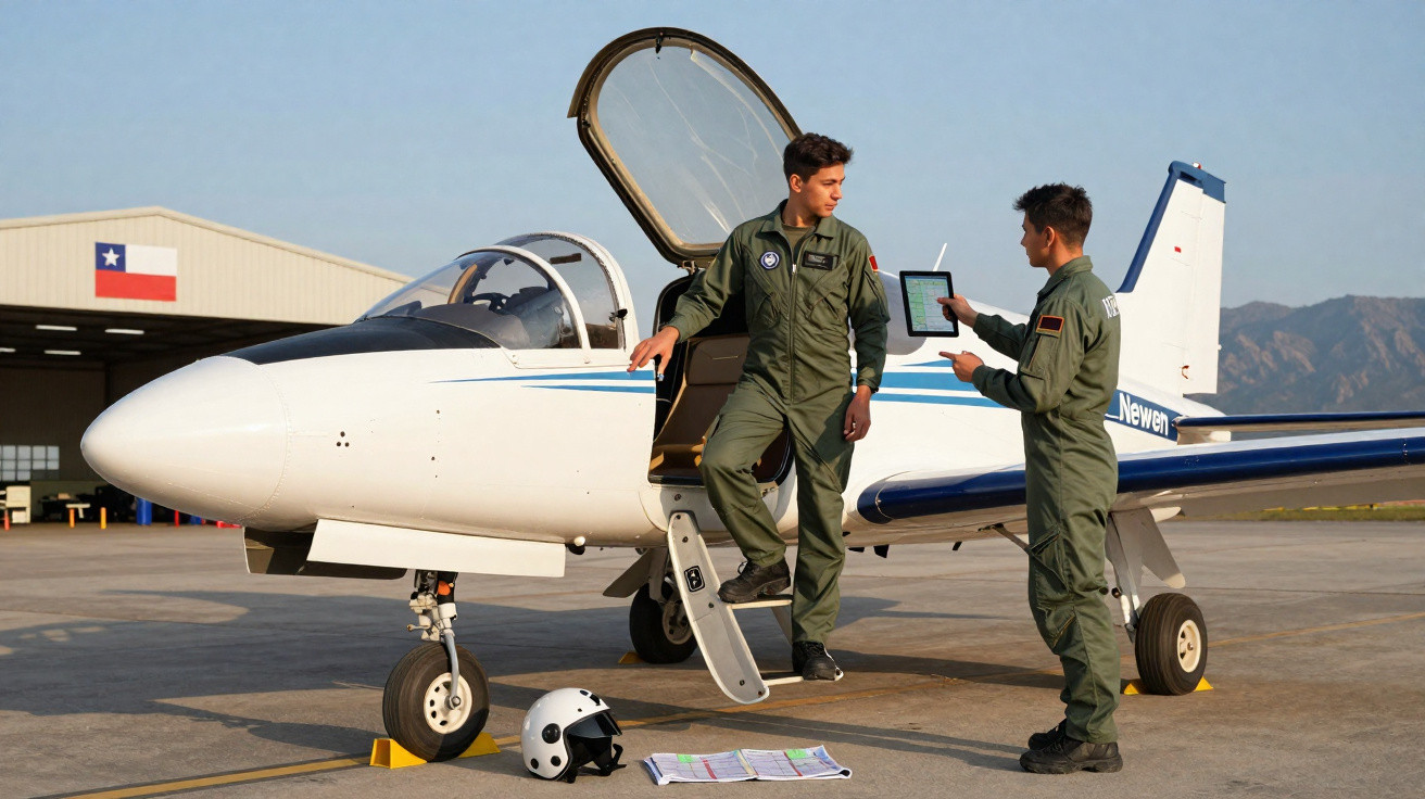 Dois pilotos militares em uniforme verde conversam próximos a um avião branco estacionado em hangar.