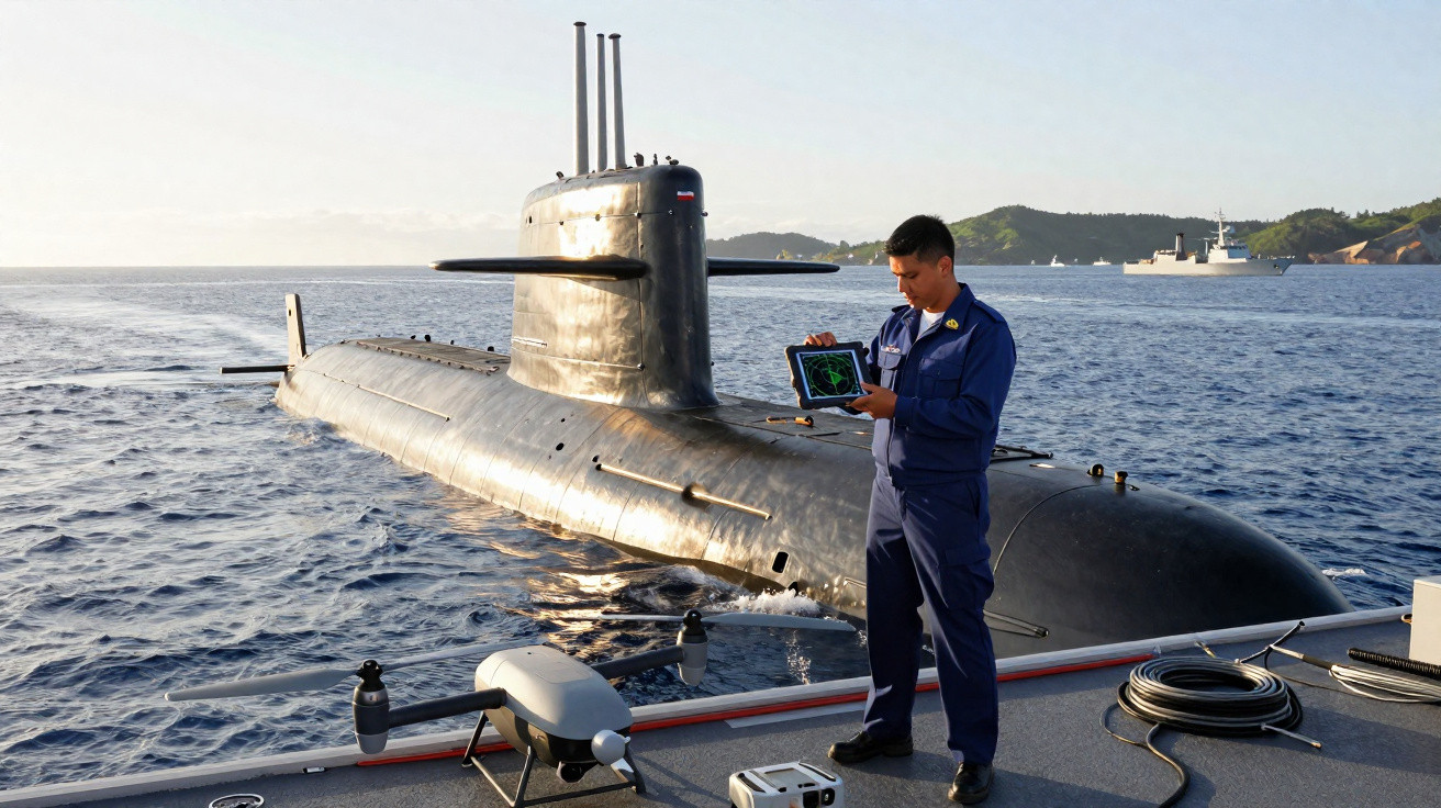 Homem fardado operando tablet em barco perto de submarino preto na água ao entardecer.
