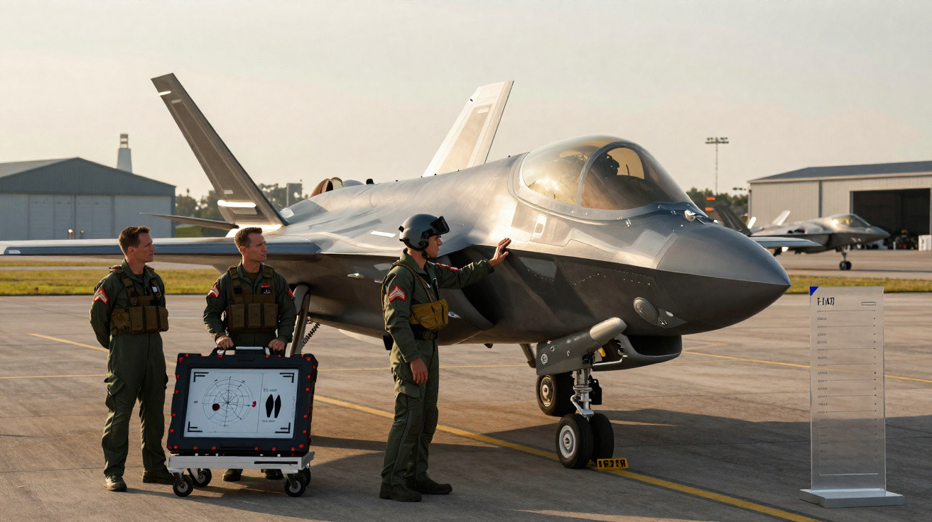 Três militares próximos a um caça F-14 no pátio de uma base aérea ao entardecer.