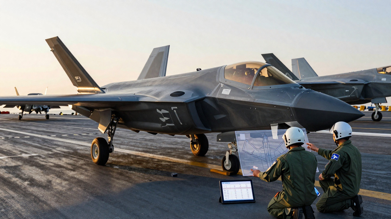 Caças militares estacionados em porta-aviões com dois soldados analisando mapas e dados no convés.