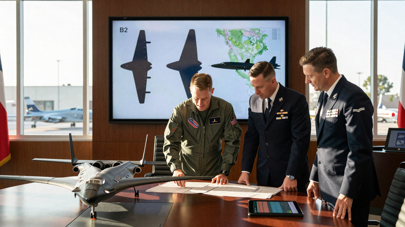 Três homens em uniformes militares analisam plantas ao lado de modelo de avião em sala de reunião com tela ao fundo.