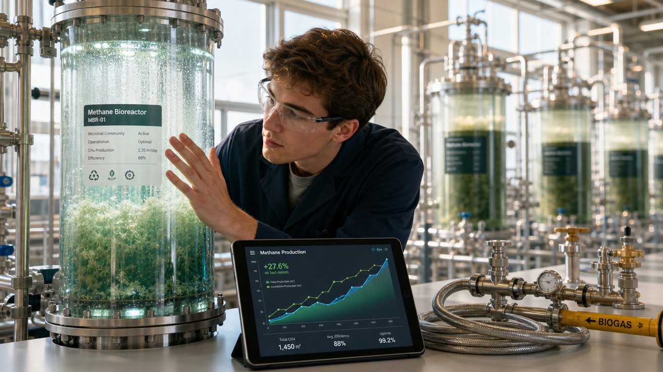 Cientista analisando biorreator de metano com tablet exibindo dados de produção em laboratório moderno.