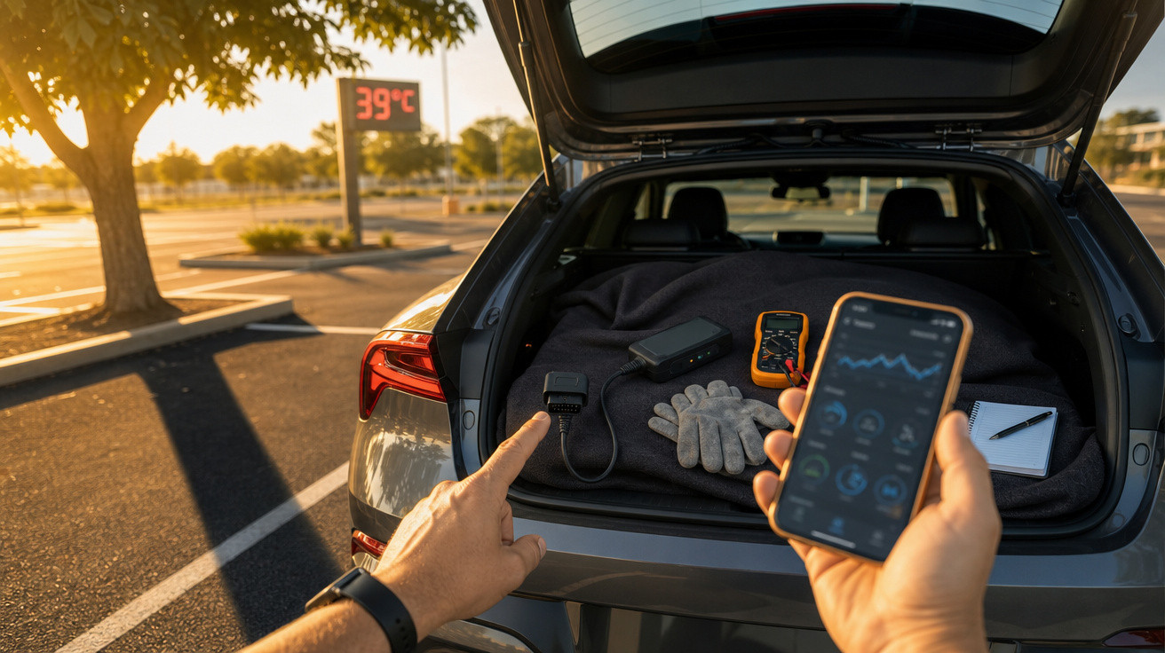 Pessoa segura celular e aponta para dispositivo no porta-malas aberto de carro em dia quente de 39°C ao ar livre.