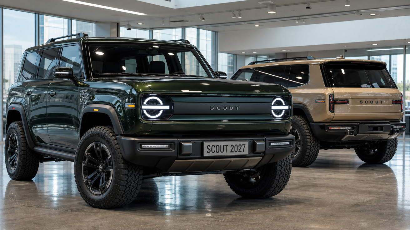 Dois carros SUV Scout 2027 em exibição dentro de uma concessionária moderna com piso brilhante.