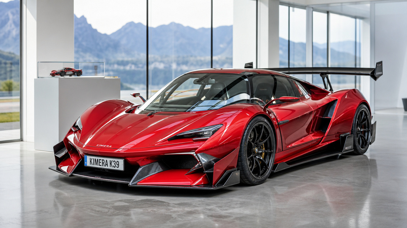 Carro esportivo vermelho Kimera K39 em exibição dentro de showroom com janelas de vidro e montanhas ao fundo.