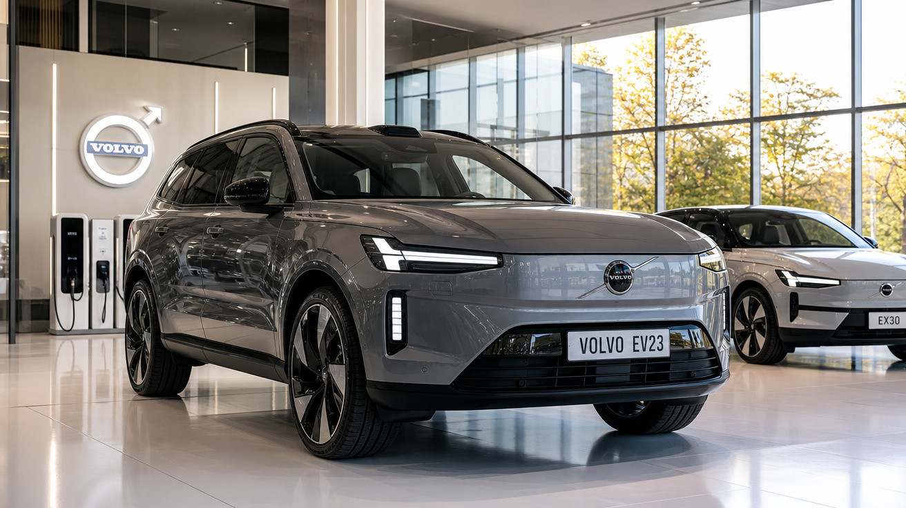SUV elétrico cinza Volvo EV23 exibido em showroom moderno com vidro e iluminação natural.