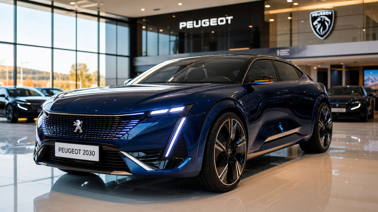 Carro elétrico Peugeot 2030 azul em destaque na concessionária com iluminação moderna e logo da marca ao fundo.