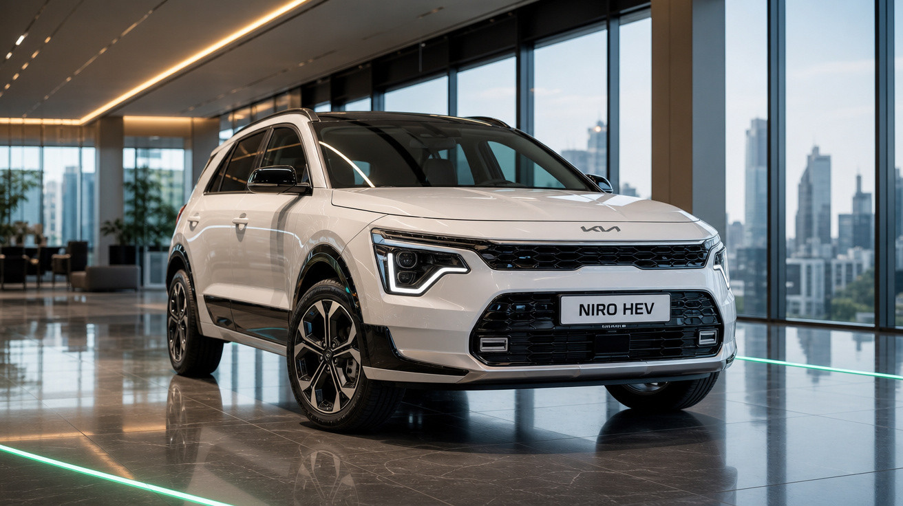 Carro SUV branco Kia Niro HEV estacionado em piso brilhante com janelas amplas e vista urbana ao fundo.