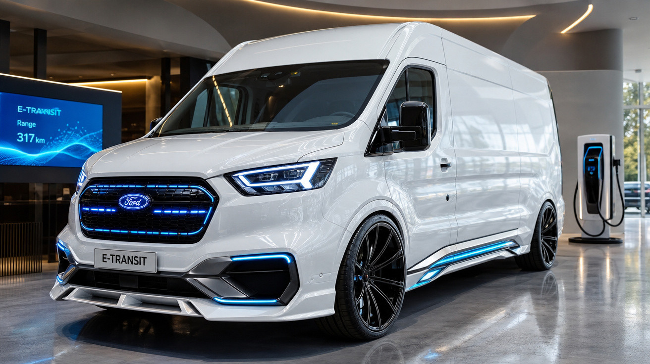 Van elétrica branca Ford E-Transit estacionada em showroom moderno com estação de recarga ao fundo.