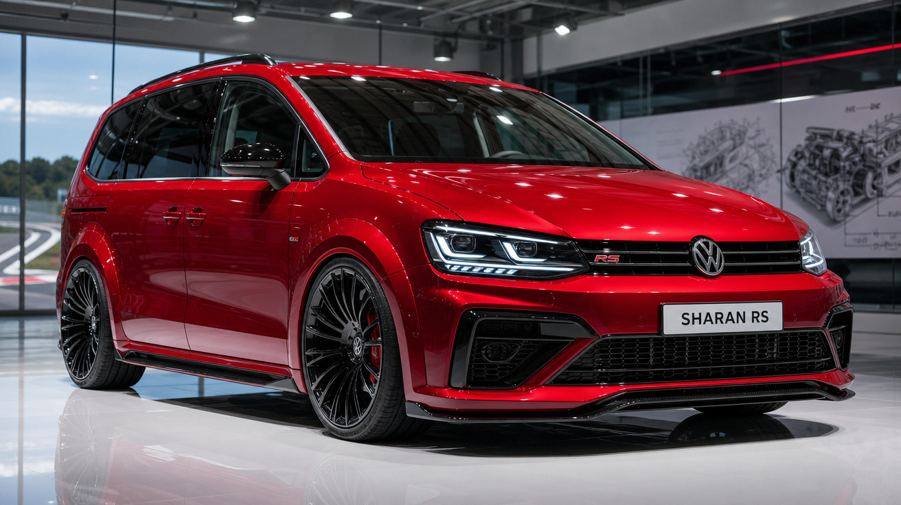 Carro Volkswagen Sharan RS vermelho exibido em sala de exposição com rodas pretas esportivas.