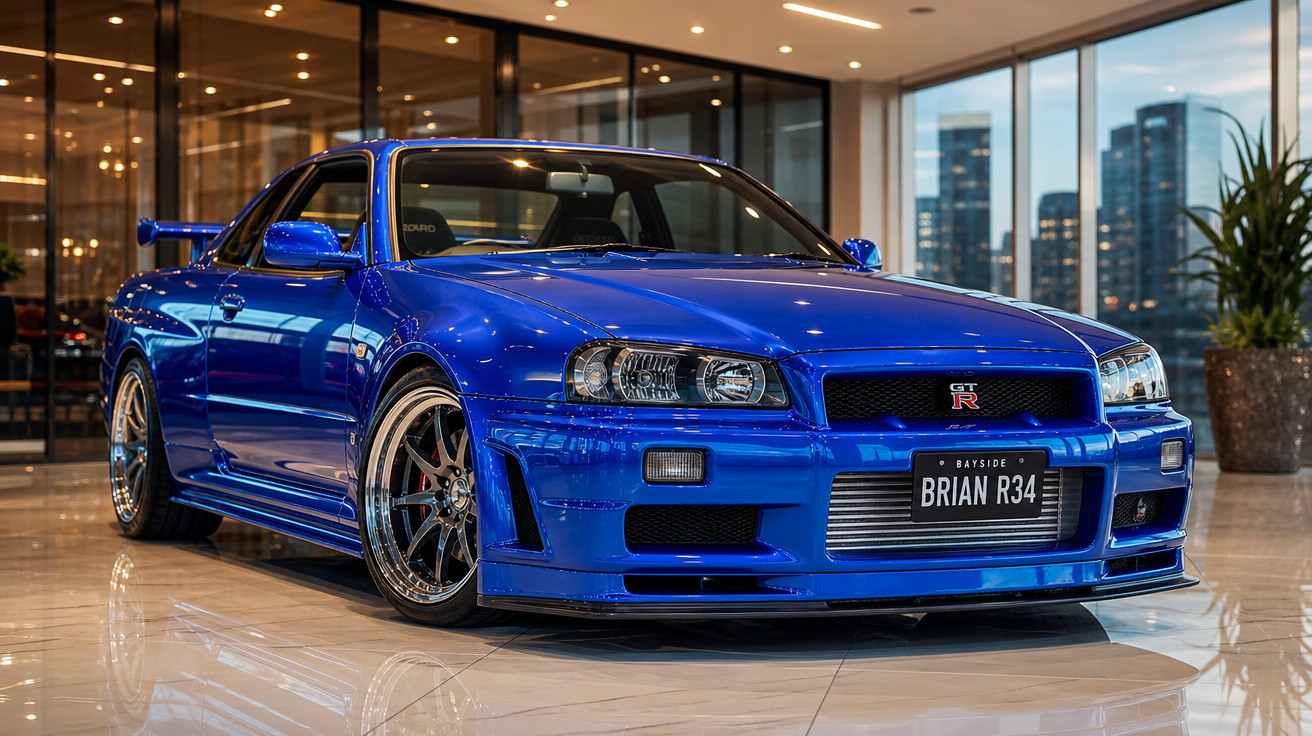Carro esportivo azul Nissan GT-R R34 estacionado em ambiente interno moderno com piso brilhante.