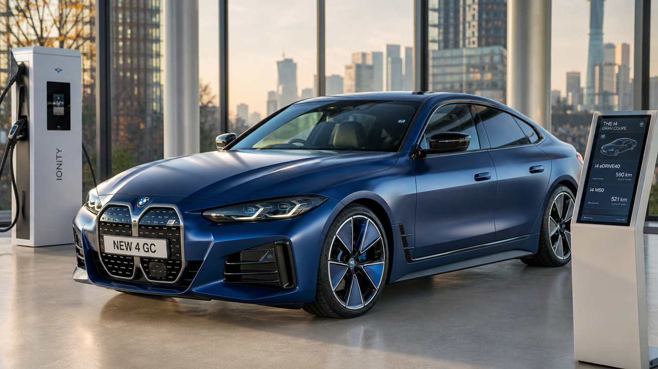 Carro elétrico azul BMW série 4 exposto em showroom moderno com estação de carregamento ao lado.