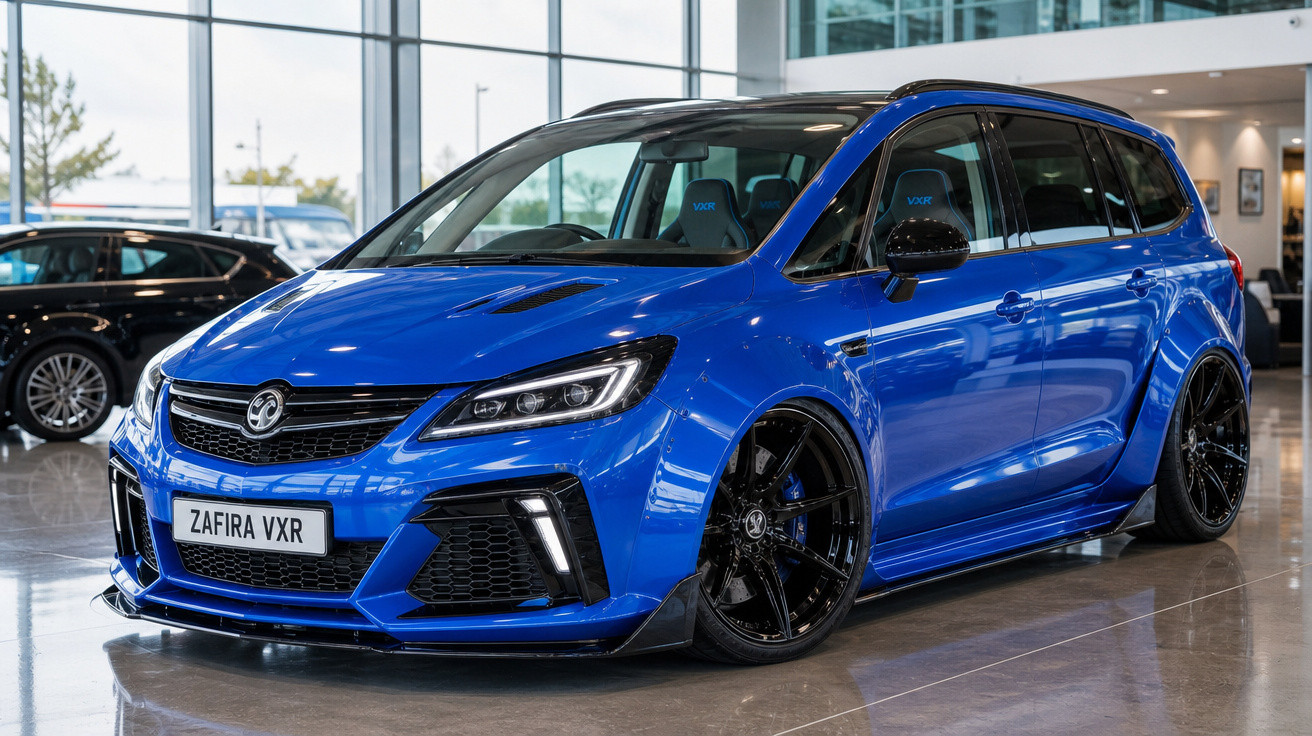 Carro esportivo familiar azul Vauxhall Zafira VXR em showroom com rodas pretas brilhantes.