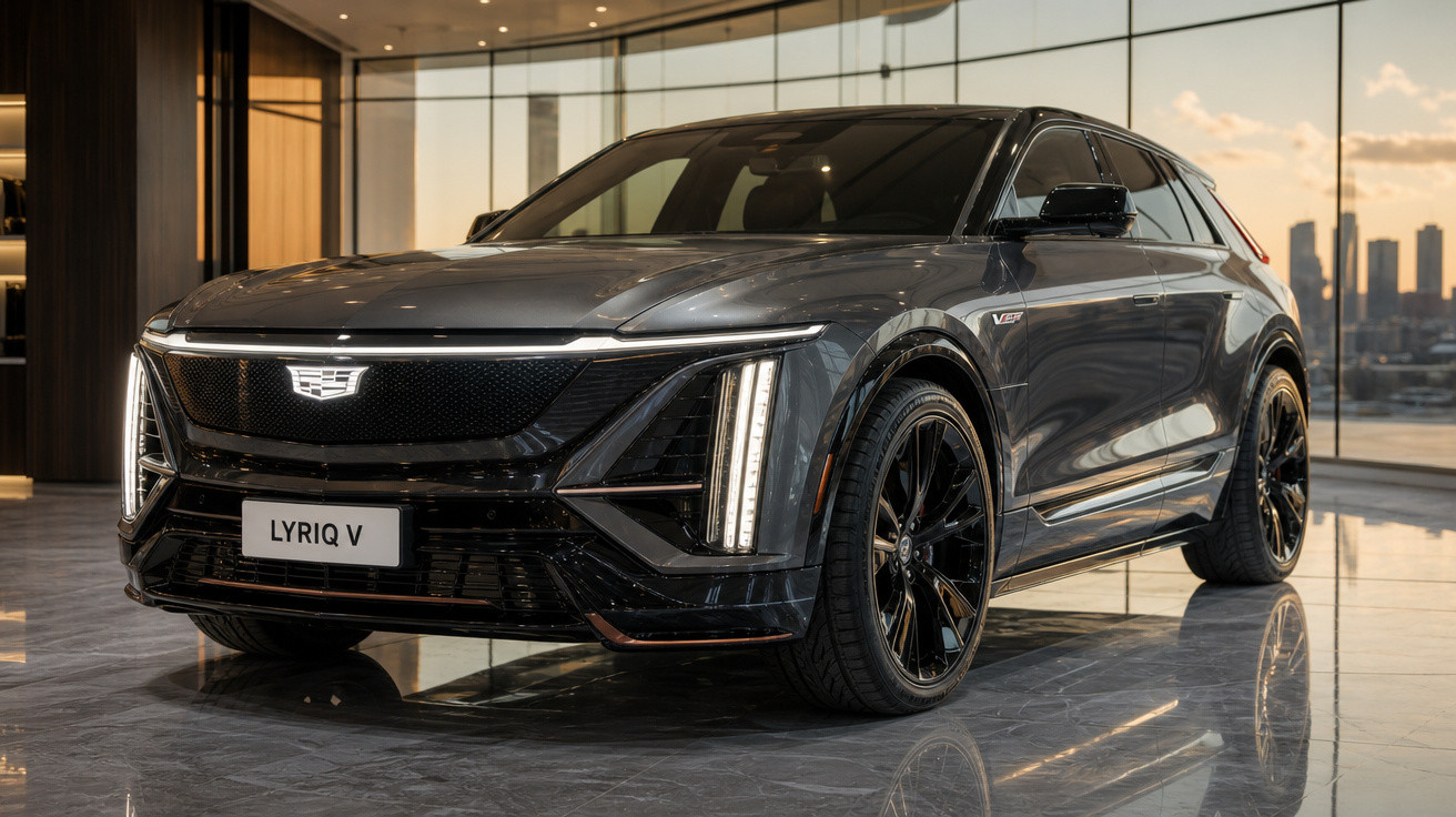 SUV elétrico Cadillac Lyriq V cinza em ambiente interno com piso refletivo e vista de cidade ao fundo.