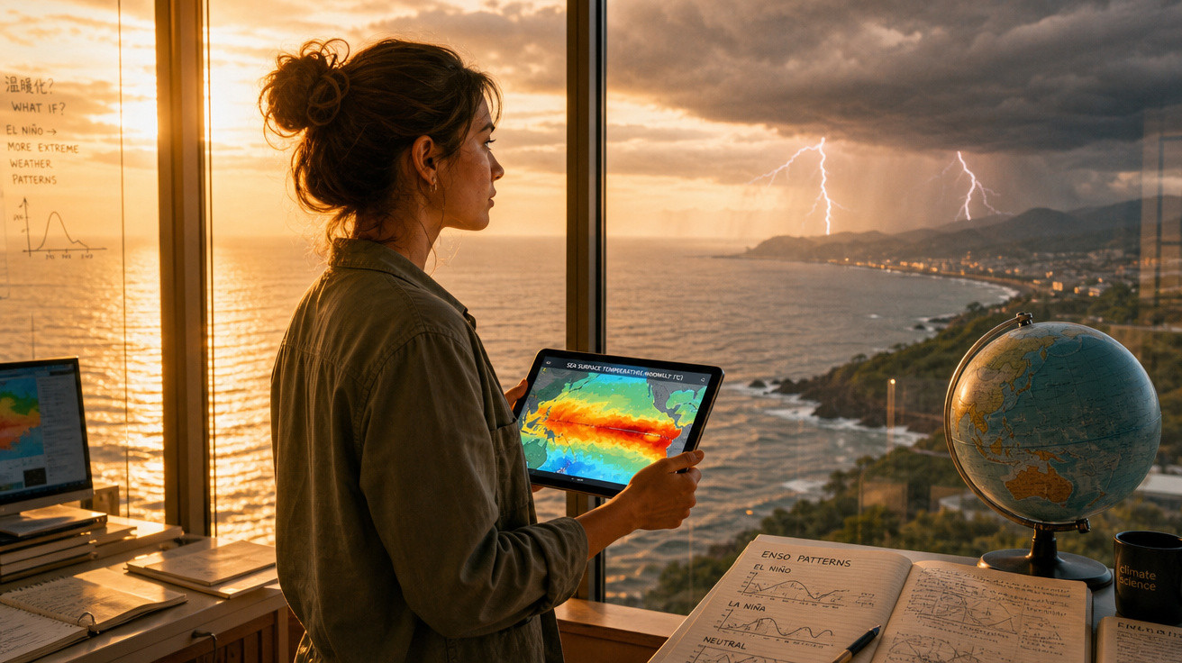 Mulher observa painel digital com dados climáticos em escritório com vista para o mar durante tempestade e pôr do sol.