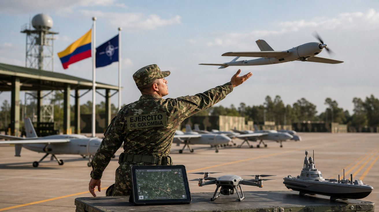 Militar do Exército da Colômbia operando drone em base aérea com bandeiras da Colômbia e da OTAN ao fundo.