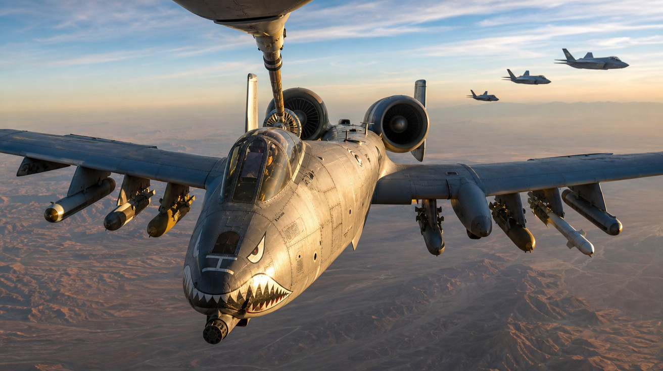 Aeronave de combate com pintura de tubarão reabastecida no ar com outras três ao fundo sobre deserto.