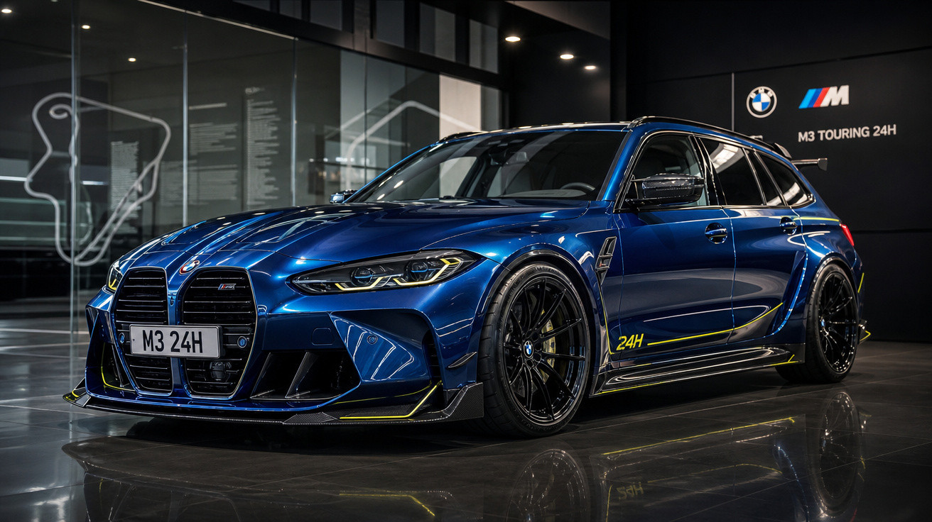 Carro esportivo BMW M3 Touring 24H azul metálico em exposição interna com iluminação focada.