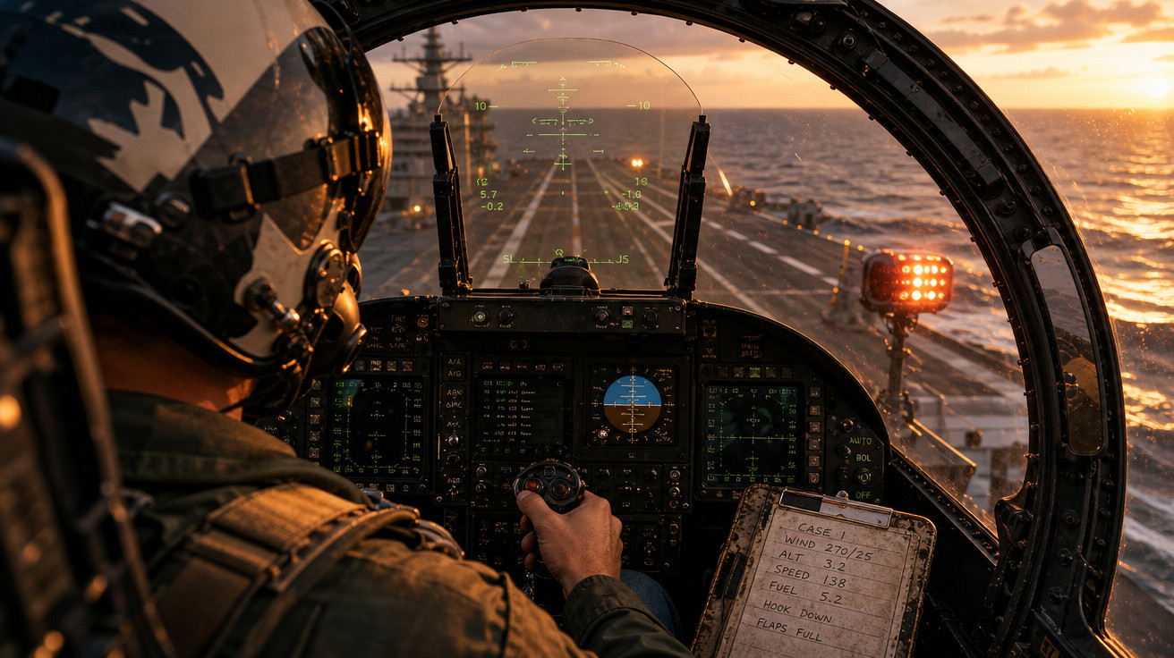 Piloto militar dentro de cockpit de caça, pousando em porta-aviões ao pôr do sol no mar.