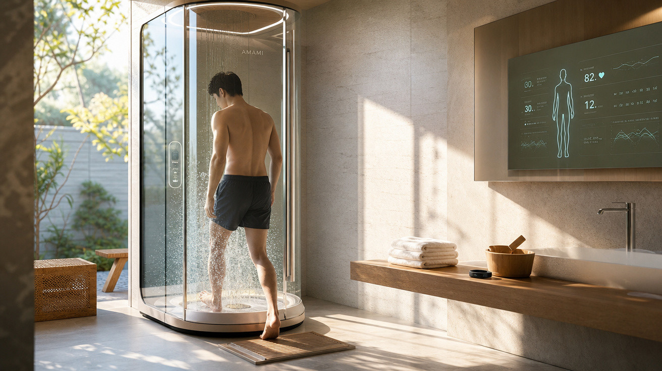 Homem entrando em chuveiro moderno transparente em banheiro iluminado com tela digital exibindo dados de saúde.