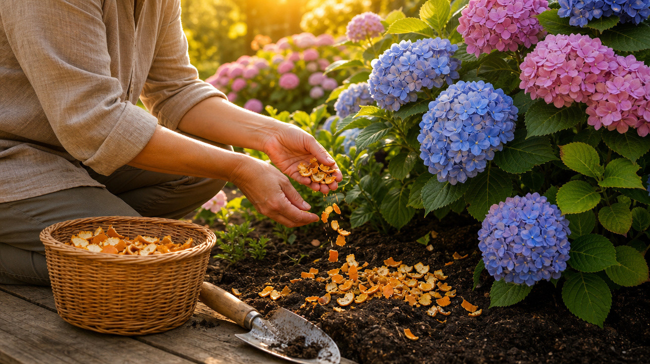 Pessoa aplicando cascas de frutas na terra para adubar plantas de hortênsia coloridas em jardim ensolarado.