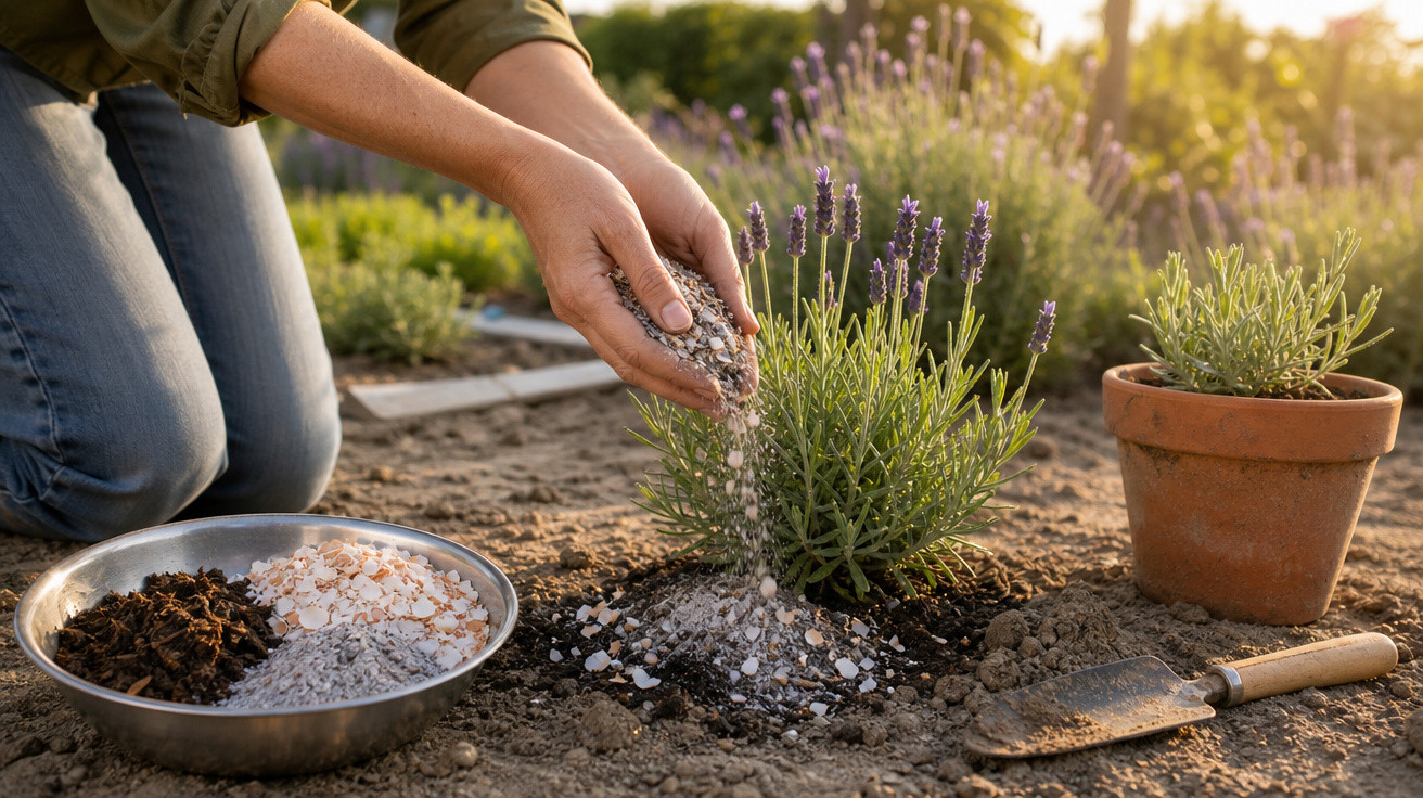 Pessoa aplicando fertilizante natural em planta de lavanda em jardim ensolarado.