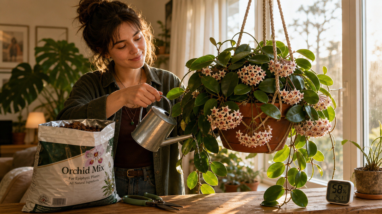 Mulher rega planta pendente com flores brancas em ambiente interno iluminado pelo sol.