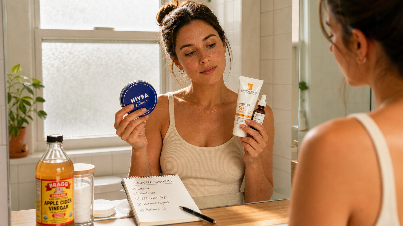 Mulher olhando no espelho segurando creme Nivea e protetor solar, com rotina de cuidados na mesa.