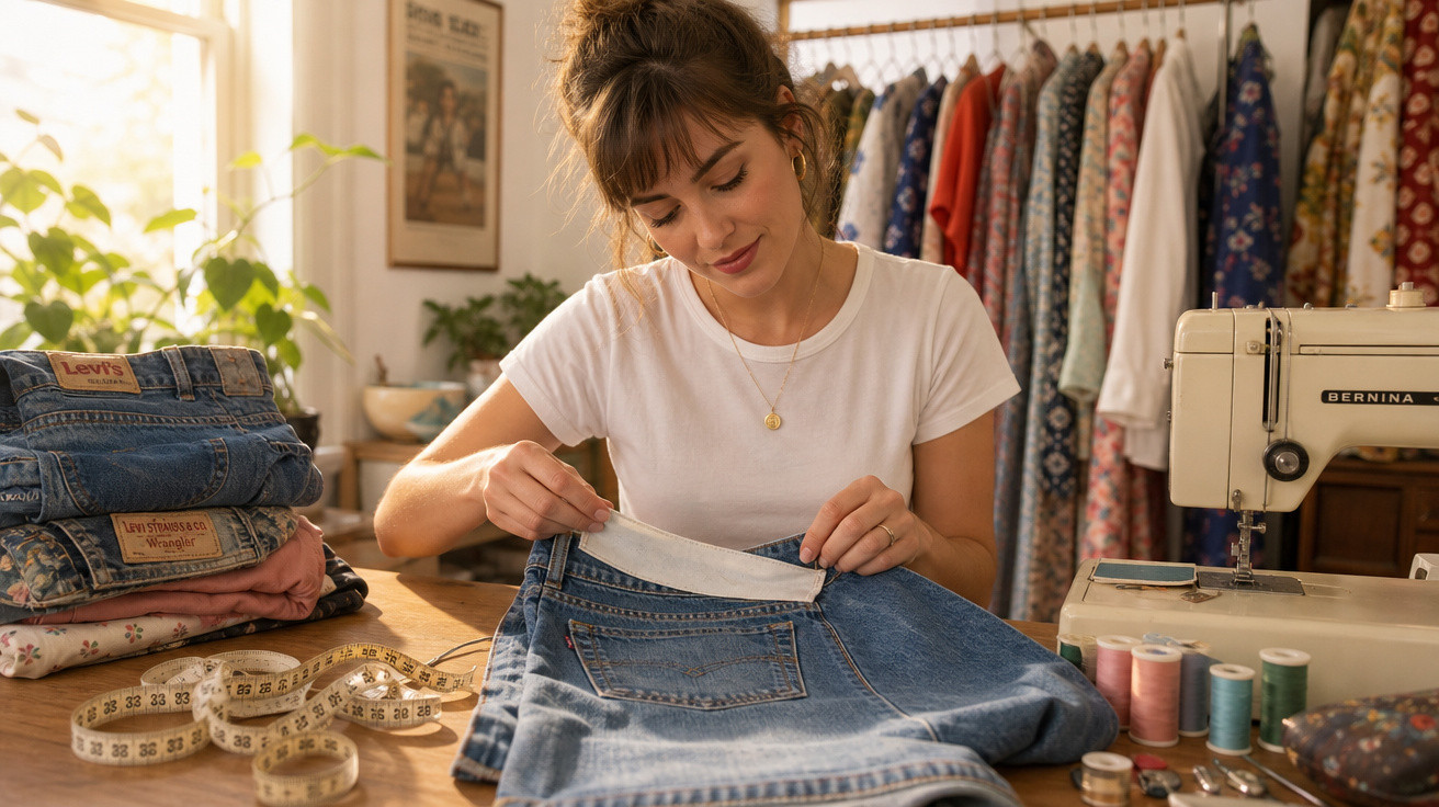 Mulher costurando barra de saia jeans em ateliê com máquina de costura e tecidos ao redor.